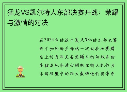 猛龙VS凯尔特人东部决赛开战：荣耀与激情的对决