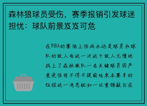 森林狼球员受伤，赛季报销引发球迷担忧：球队前景岌岌可危