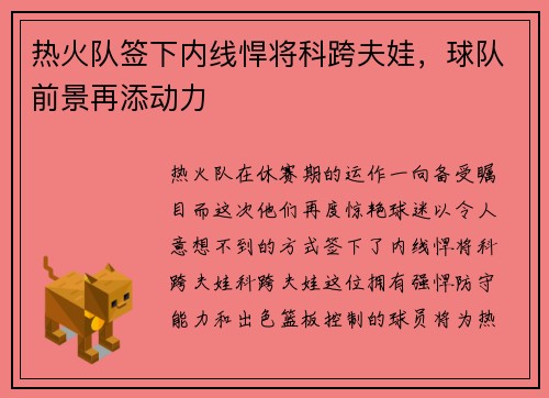 热火队签下内线悍将科跨夫娃，球队前景再添动力
