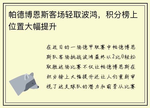 帕德博恩斯客场轻取波鸿，积分榜上位置大幅提升