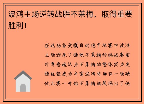 波鸿主场逆转战胜不莱梅，取得重要胜利！