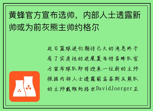 黄蜂官方宣布选帅，内部人士透露新帅或为前灰熊主帅约格尔