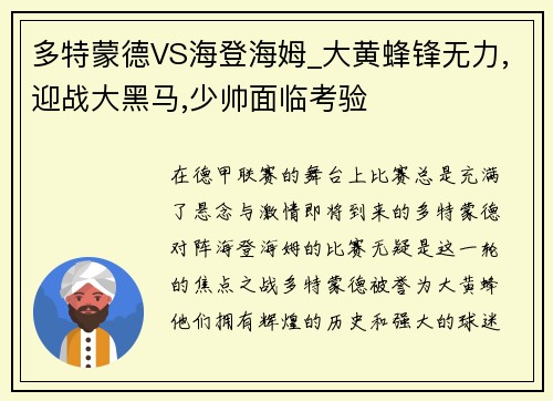 多特蒙德VS海登海姆_大黄蜂锋无力,迎战大黑马,少帅面临考验