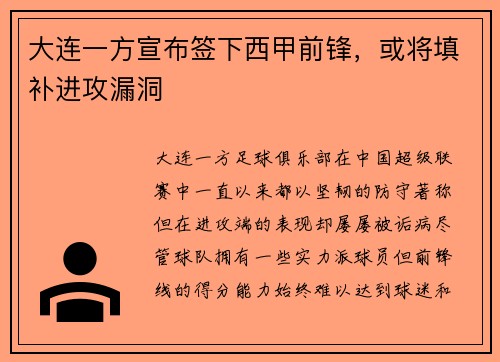 大连一方宣布签下西甲前锋，或将填补进攻漏洞