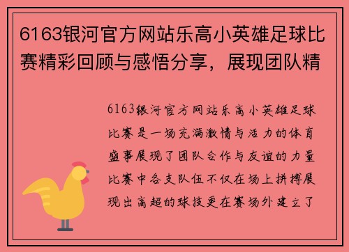 6163银河官方网站乐高小英雄足球比赛精彩回顾与感悟分享，展现团队精神与友谊的力量