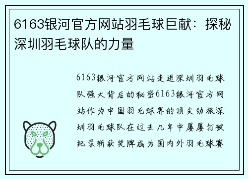 6163银河官方网站羽毛球巨献：探秘深圳羽毛球队的力量